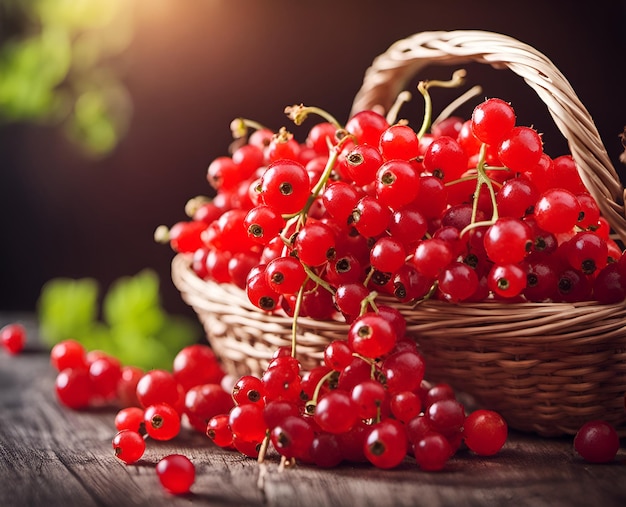 Ripe appetizing red currant berries in an overflowing basket