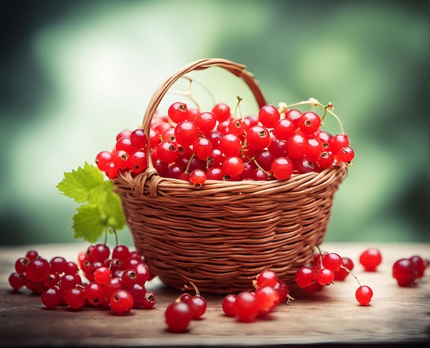 Ripe appetizing red currant berries in an overflowing basket