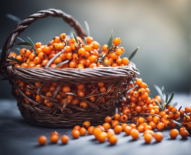 Ripe appetizing sea buckthorn berries in an overflowing basket