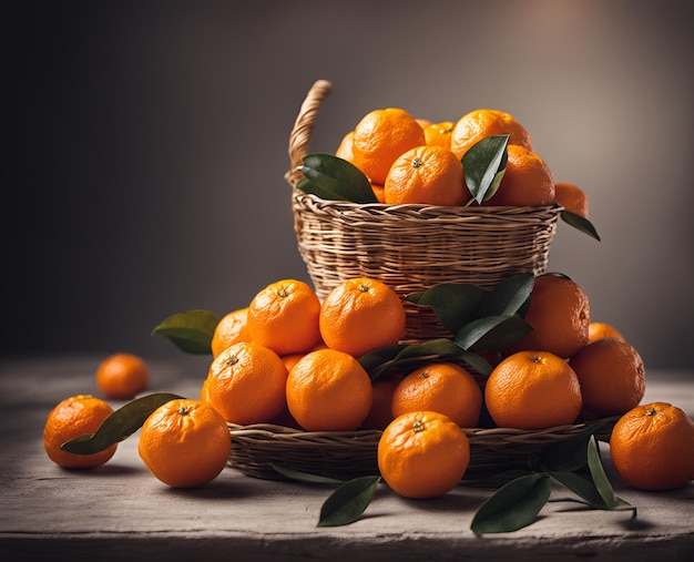 Ripe appetizing tangerine fruits in an overflowing basket