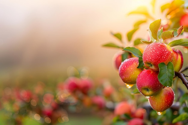 Ripe apples hanging on a tree in an apple orchard