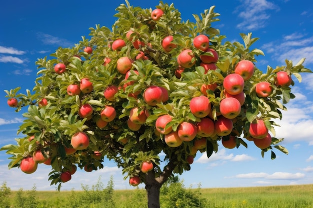 Ripe apples on tree with blue sky backdrop