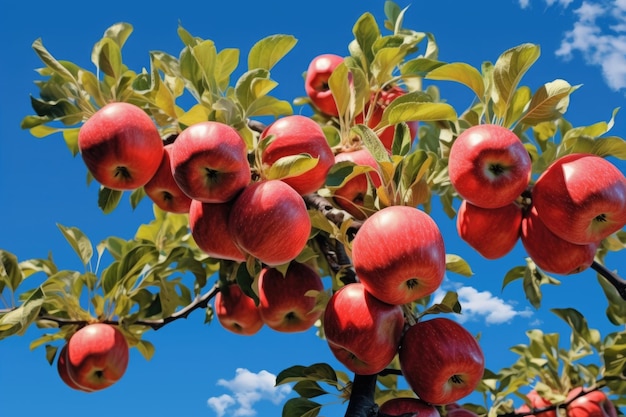 Ripe apples on tree with blue sky backdrop