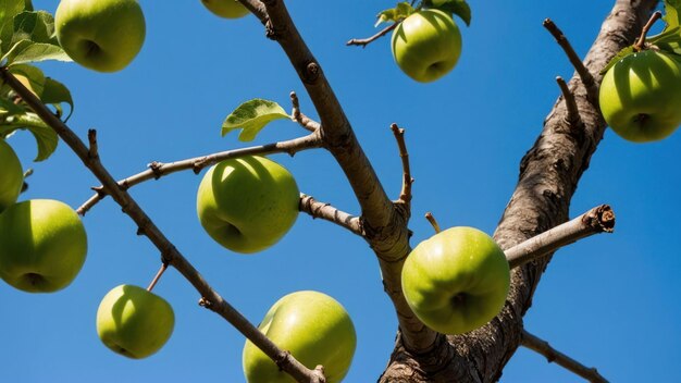 Ripe apples on a tree with blue sky background