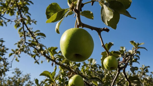 Ripe apples on a tree with blue sky background