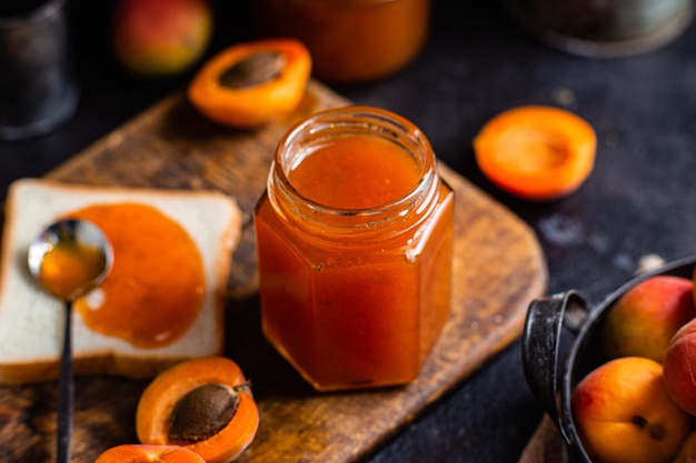 Photo ripe apricot jam in a glass jar on the table