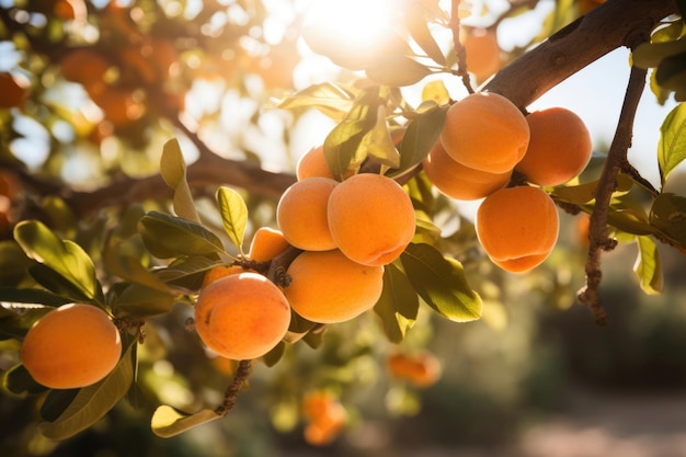 Ripe apricots on a branch waiting for harvest at sunset