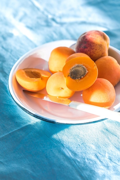 Ripe apricots with copy space for text Various fresh summer fruits