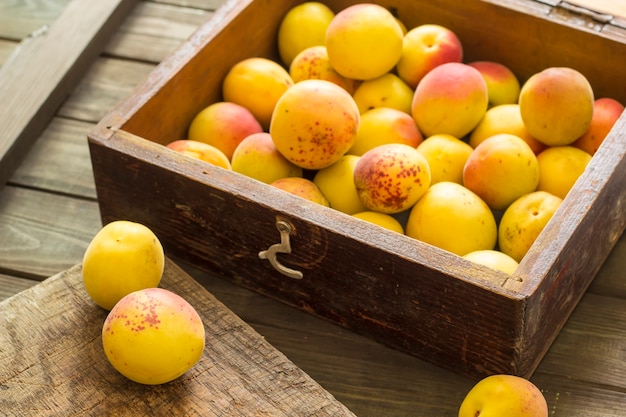 Ripe apricots in a wooden box.  