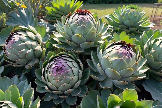 Ripe artichokes amidst green artichoke plants in a garden