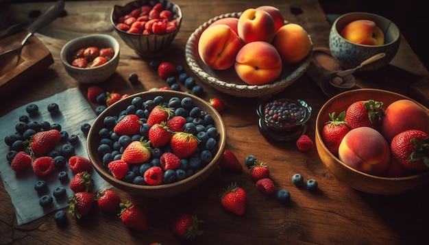 Ripe berry fruit on rustic wood table generated by AI