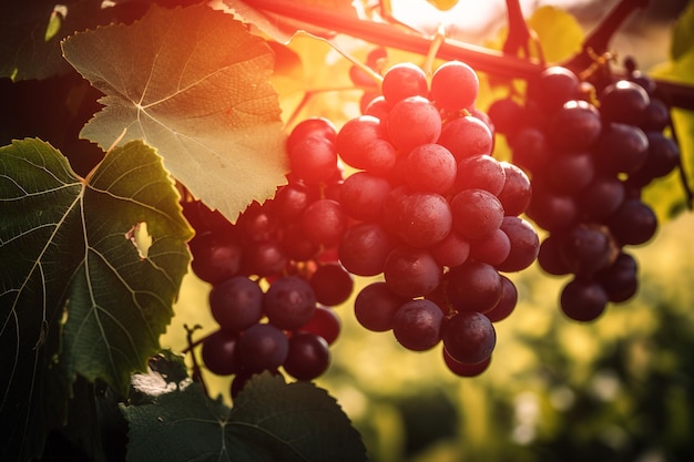 Ripe black grapes growing on a branch on a sunny day in the garden closeup Generative AI