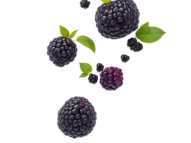 ripe blackberries levitate on a white background