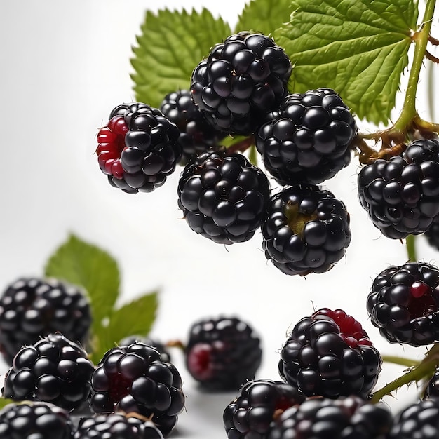 Ripe blackberries levitate on a white background