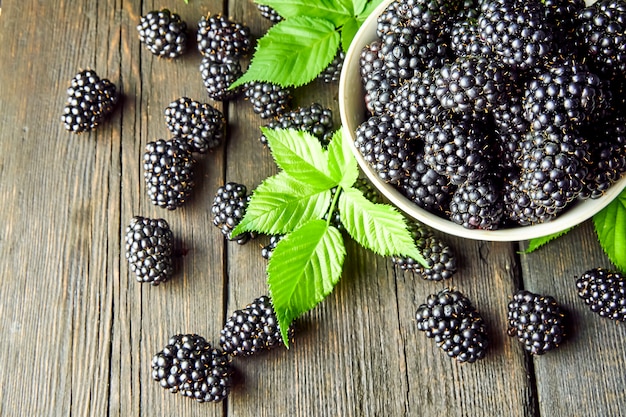 Ripe blackberries with leaves in a bowl