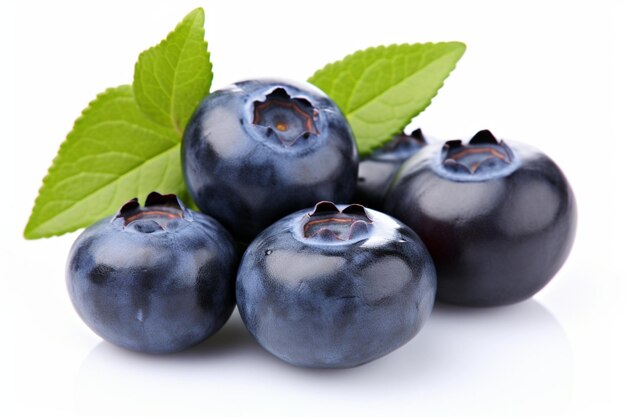 Ripe blueberries levitate on a white background