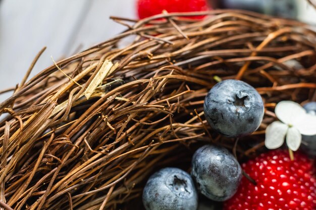 Ripe blueberries and Tibetan raspberries lie in a basket of vines