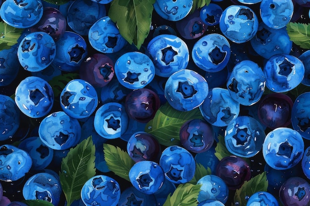 Photo ripe blueberries with leaves forming a textured healthy food background