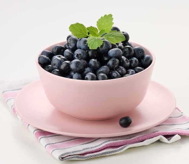 Ripe blueberry in a pink ceramic plate on a white table, tasty and useful berry