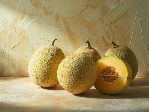 Ripe Cantaloupe Melons on Wooden Background