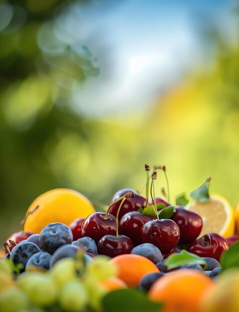 Ripe cherries atop with citrus and plums below rich palette angled