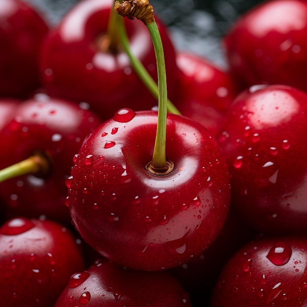 Ripe cherries in wicker basket on wooden table with with sunshine blurred natural background