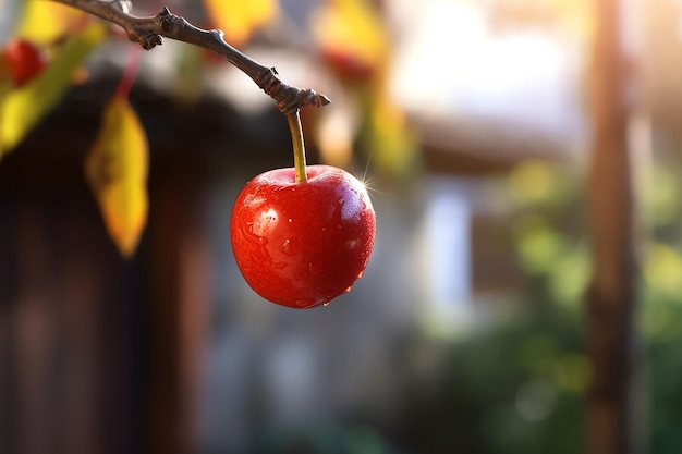 A ripe cherry hanging from a branch