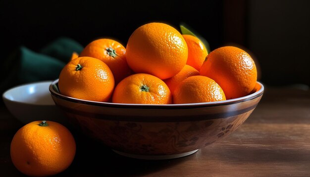 Ripe citrus fruit bowl on wooden table perfect for healthy eating generated by AI