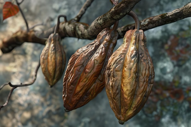 Photo ripe cocoa pods on a rustic branch