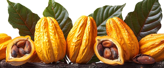 Ripe Cocoa Pods with Seeds and Leaves Isolated on White