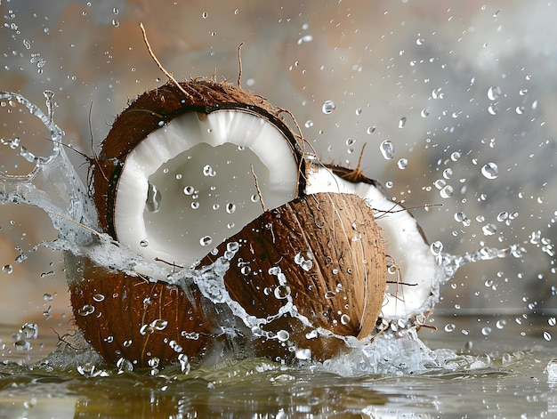 Photo ripe coconut broken into slices with droplets of water neural network ai generated art