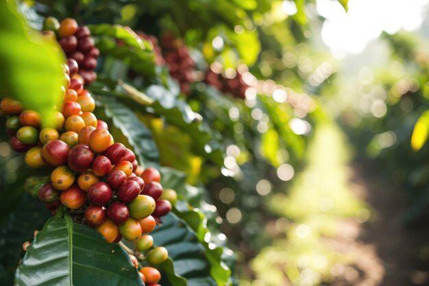 ripe coffee fruits on a tree at a coffee plantation closeup copy space