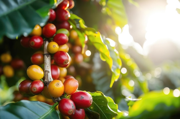 ripe coffee fruits on a tree at a coffee plantation closeup