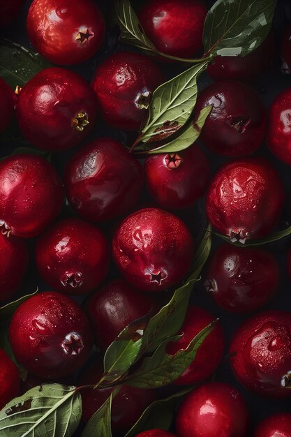 Ripe crimson cranberries with textured detail and scattered leaves