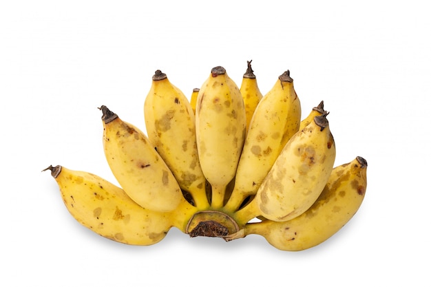 Ripe cultivated banana with yellow peels and black spots isolated on white background.