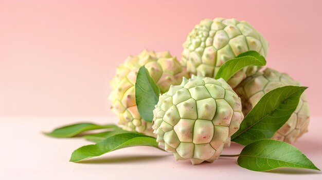 Ripe custard apples with green leaves on a soft pink background Tropical fruits in a minimalistic style perfect for healthy lifestyle concepts and food photography AI