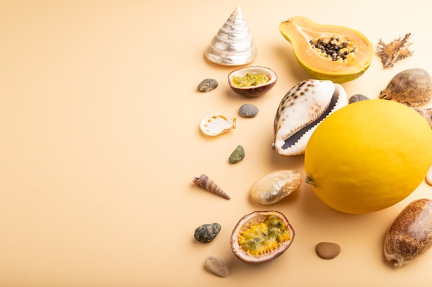 Ripe cut papaya, passion fruit, melon, seashells, pebbles on orange pastel background. Side view, 