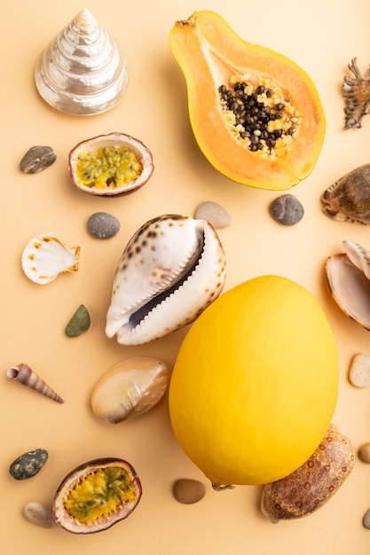 Ripe cut papaya passion fruit melon seashells pebbles on orange pastel background Top view close up