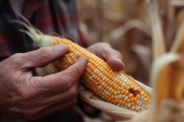 Ripe dry fodder corn in hands Generative AI