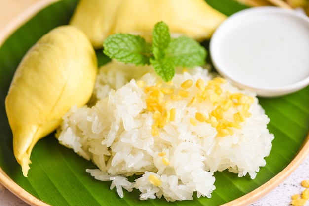 Ripe durian rice cooked with coconut milk Asian Thai dessert tropical sweet durian peel summer fruit