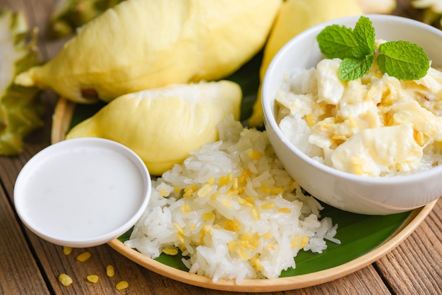 Ripe durian rice cooked with coconut milk Asian Thai dessert tropical sweet durian peel summer fruit