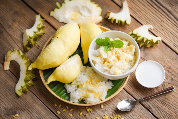 Ripe durian rice cooked with coconut milk Asian Thai dessert tropical sweet durian peel summer fruit