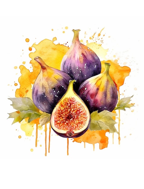 Ripe fig fruit and slices with leaves Watercolor style handdrawn illustration