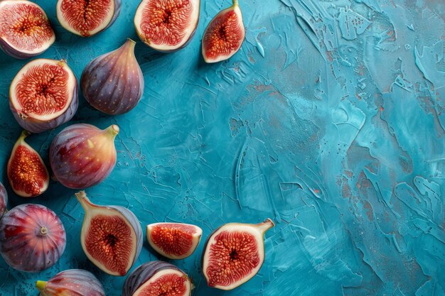 Photo ripe figs arranged artistically on a textured blue surface captured from a top view with ample copy