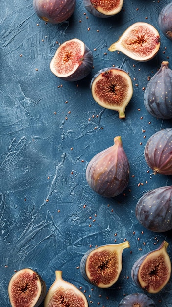 Ripe figs arranged artistically on a textured blue surface captured from a top view with ample copy