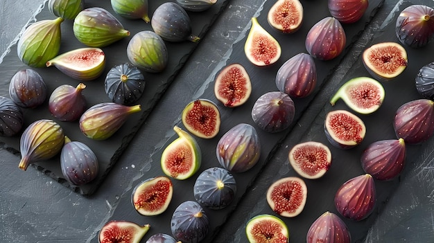 Ripe Figs Elegantly Arranged on Slate Platters with Dark Purple and Green Varieties