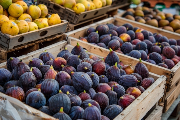 Photo ripe figs in mediterranean market crates fresh fruits displayed in traditional ambiance