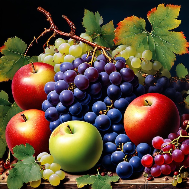 Ripe fruits apples and grapes background