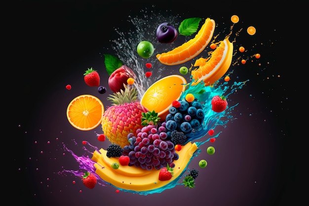 Ripe fruits with splashes of juice