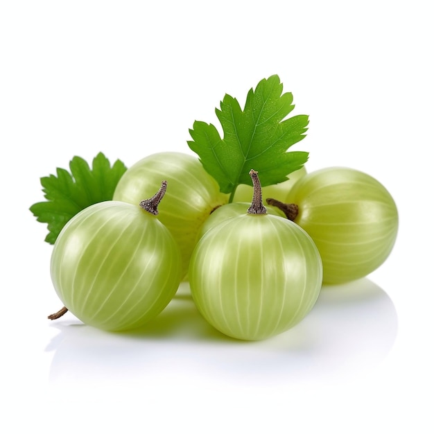 Ripe gooseberry with green leaves isolated on white background AI generated